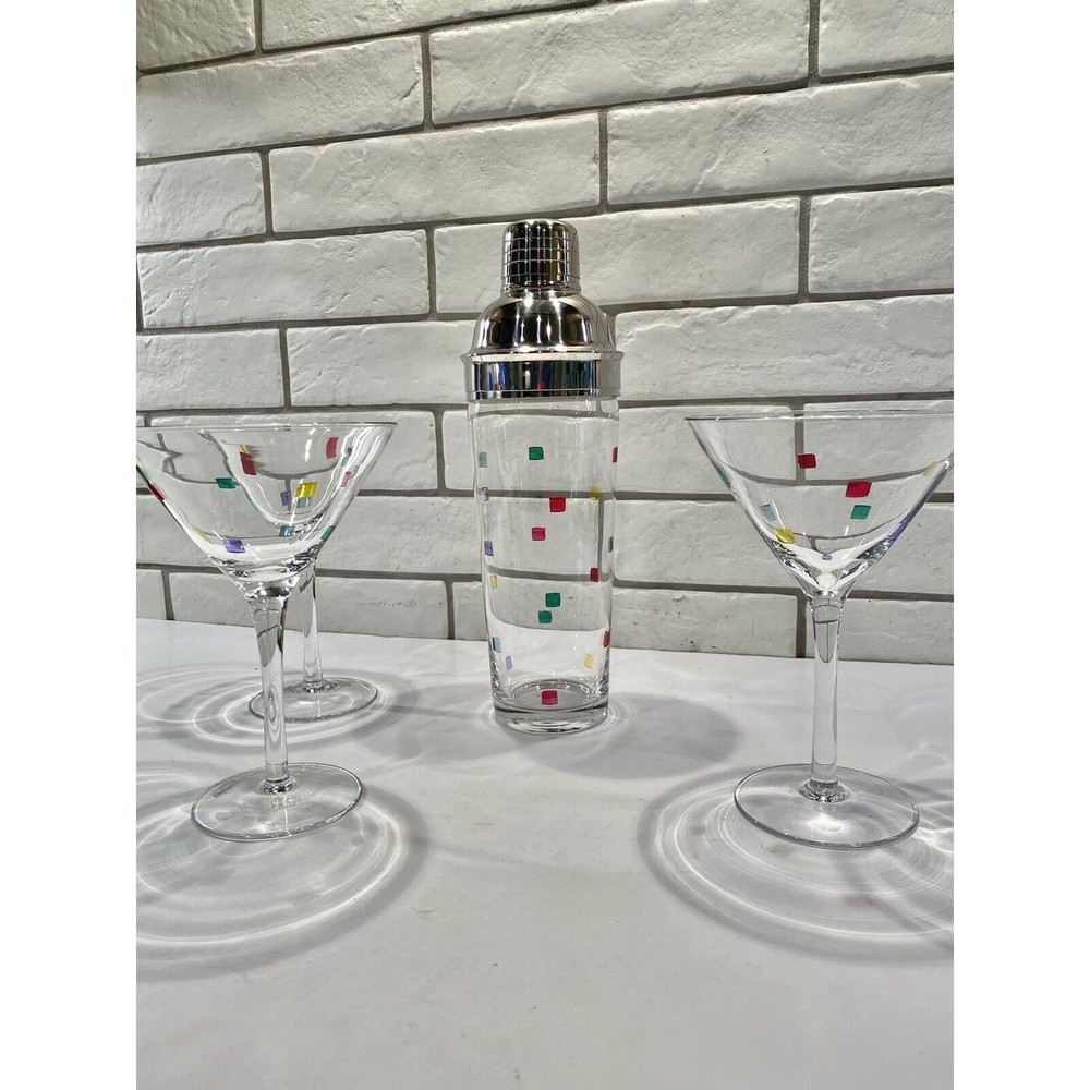 Art Deco Glass Martini glasses Confetti with‎ Matching Shaker Qty 3